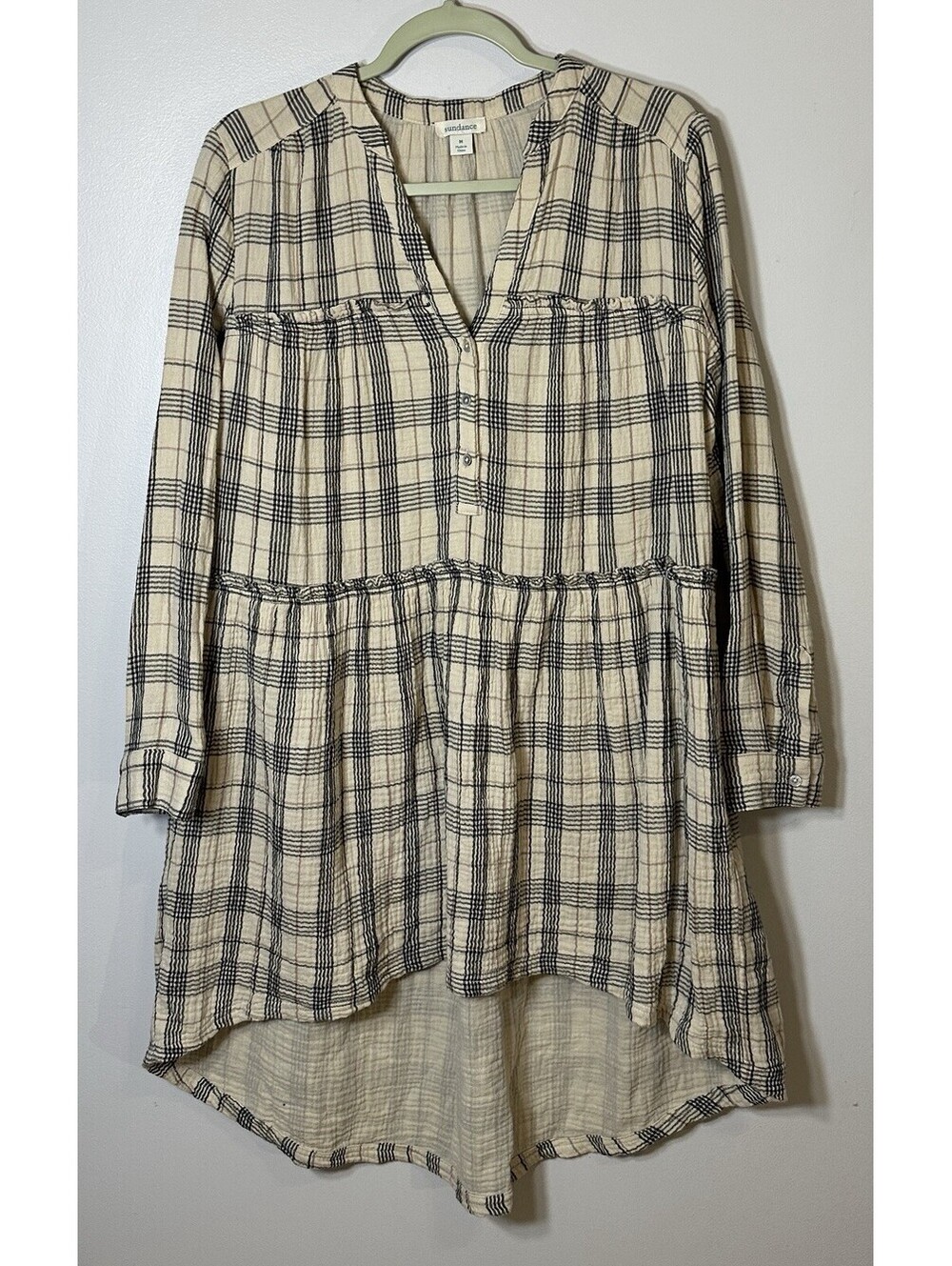 Sundance Boho Western Cream & Black Darcey Plaid Flowy Ruffled Dress Medium EUC